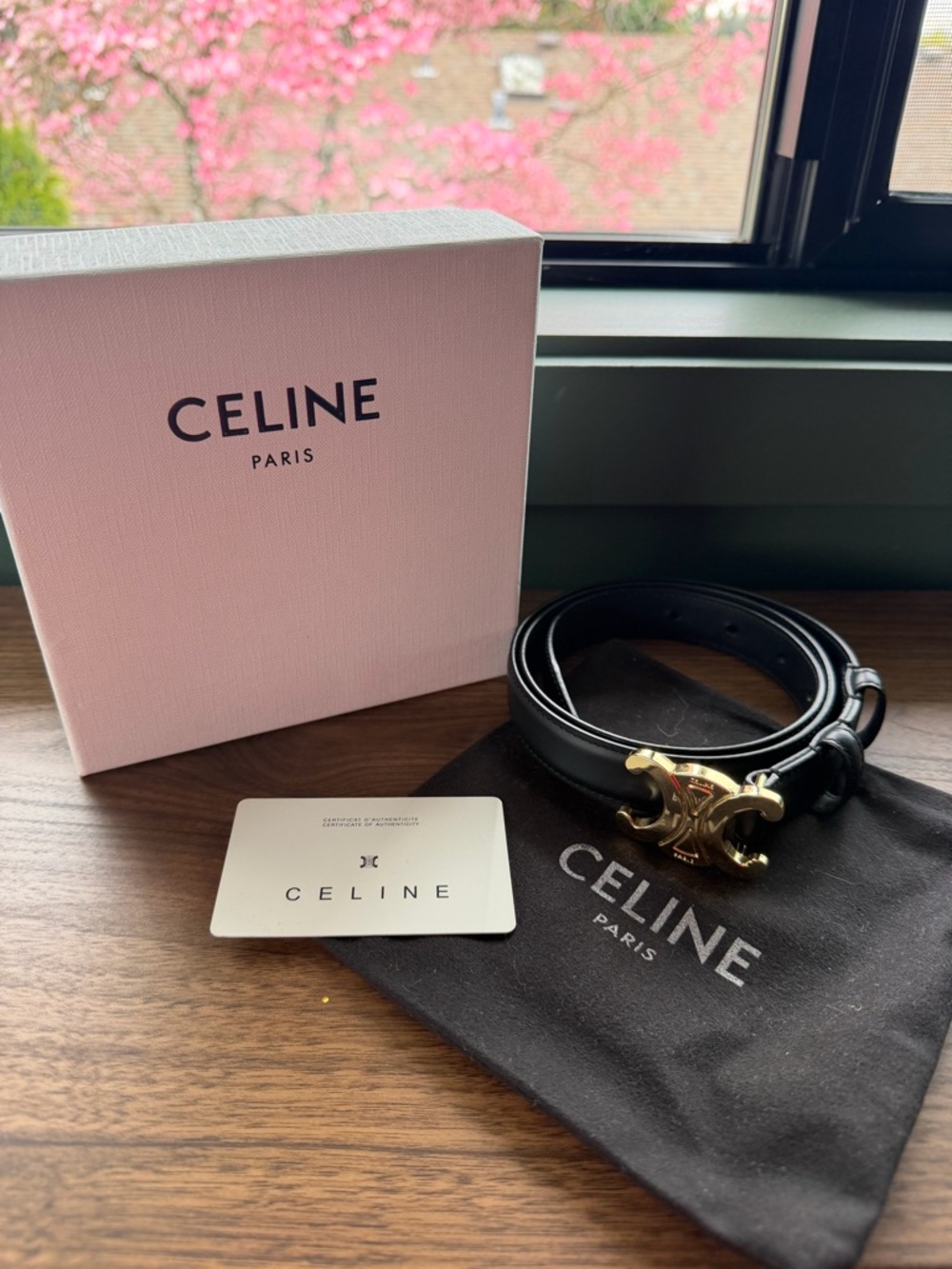 Authentic Celine Black Leather Belt with Gold Triomphe Buckle